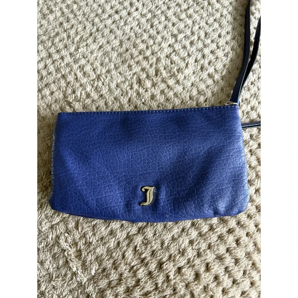 Juicy Couture Womens Blue Faux Leather Zip Pockets Wristlet Clutch Purse Bag